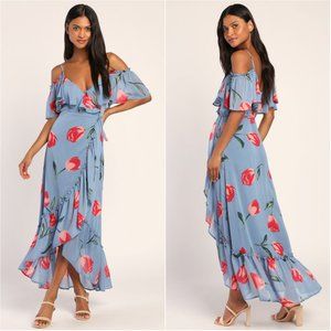 Lulu's | Petal Paradise Floral Print Cold-Shoulder Wrap Maxi Dress